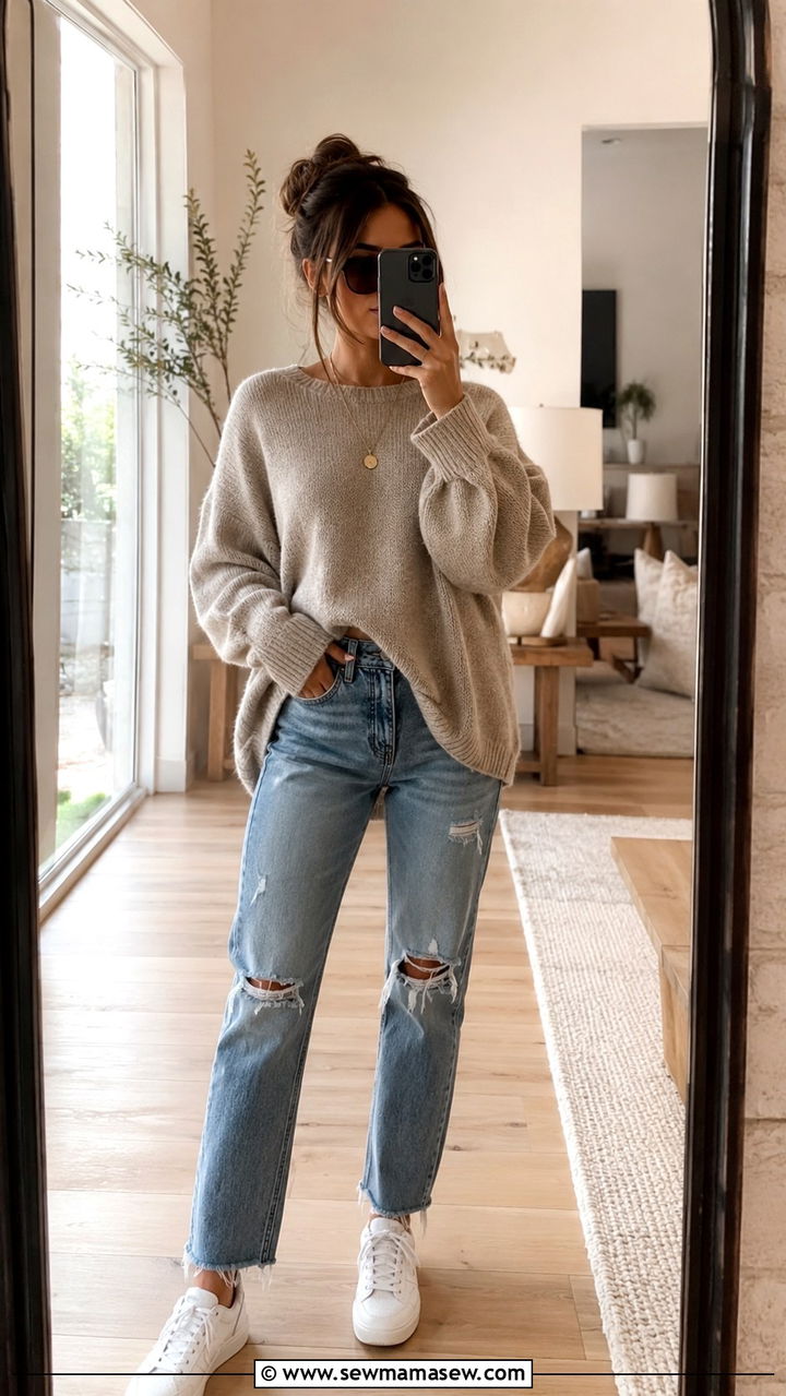 Oversized sweater half tucked into distressed jeans - 30 Sweater outfit ideas petite