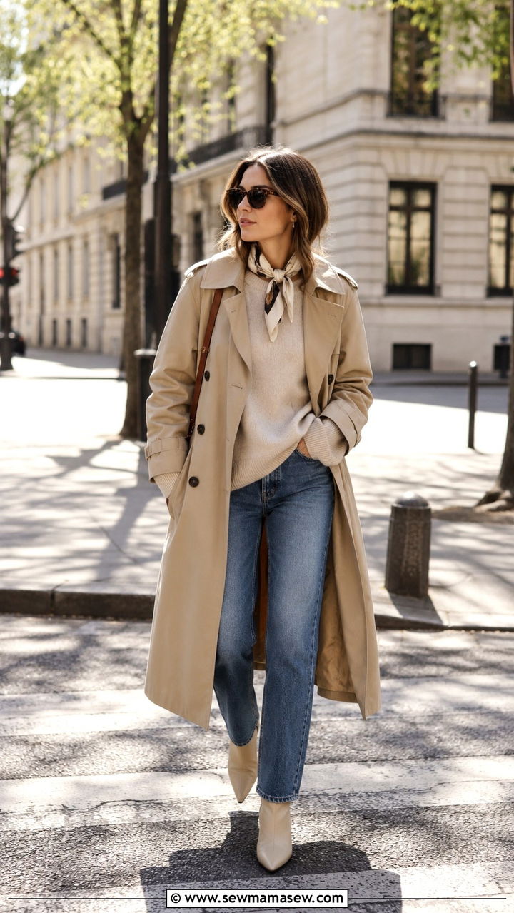 Oversized sweater layered under a trench coat - 30 Spring outfits with oversized sweater