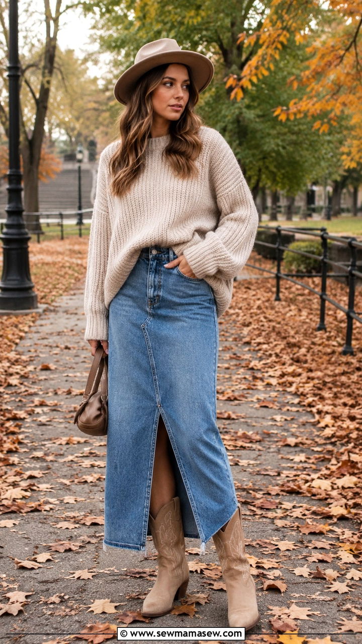 Oversized sweater long denim skirt with cowboy boots - 30 Long denim skirt outfit ideas with cowboy boots