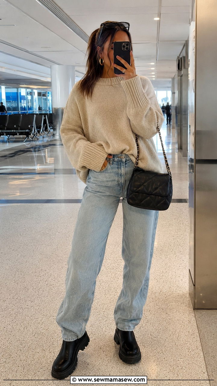 Oversized sweater relaxed jeans platform boots LAX - 30 LAX airport outfit ideas