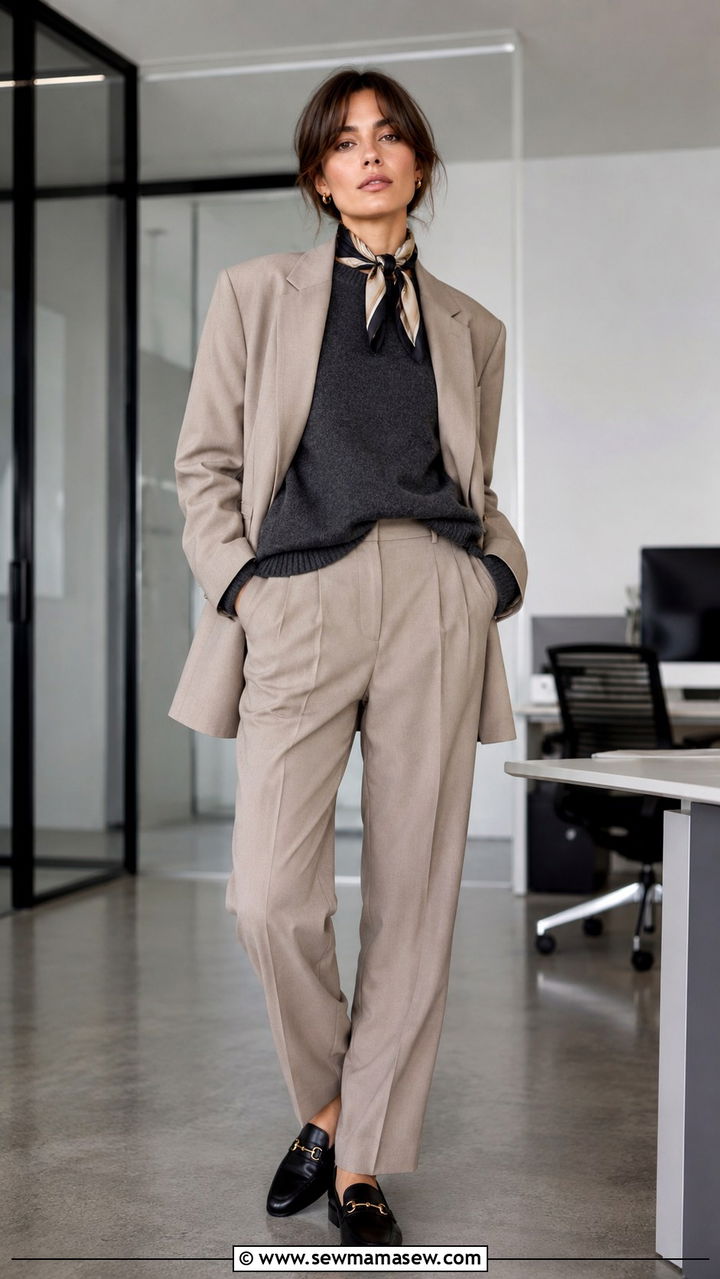 Oversized sweater with a blazer and tailored trousers - 30 Spring outfits with oversized sweater