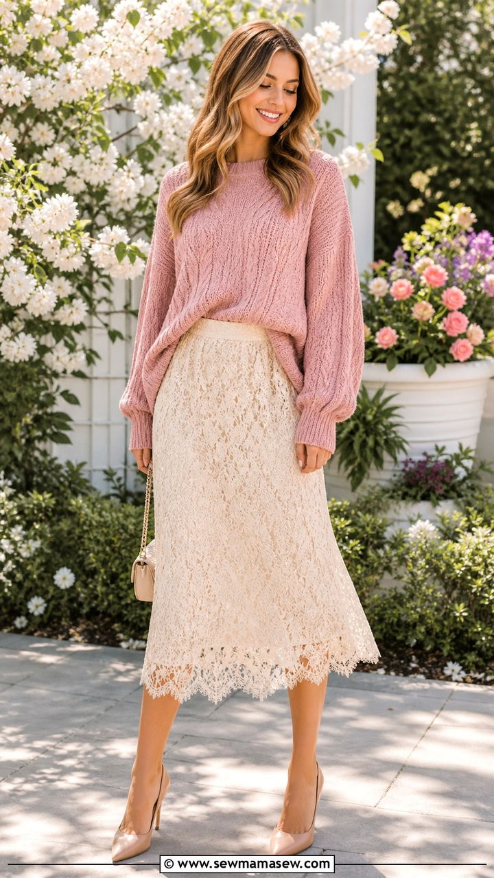 Oversized sweater with a lace midi skirt outfit - 40 Oversized sweater outfit ideas