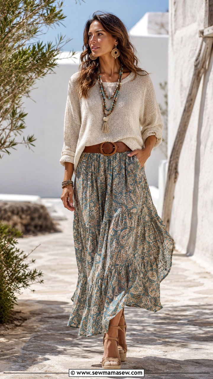 Oversized sweater with a maxi skirt and wedges - 30 Spring outfits with oversized sweater