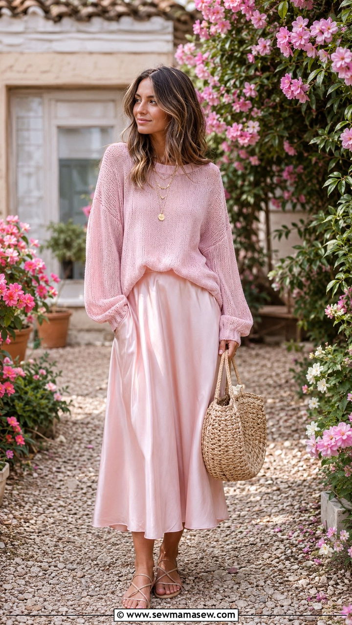 Oversized sweater with a midi skirt and sandals - 30 Spring outfits with oversized sweater