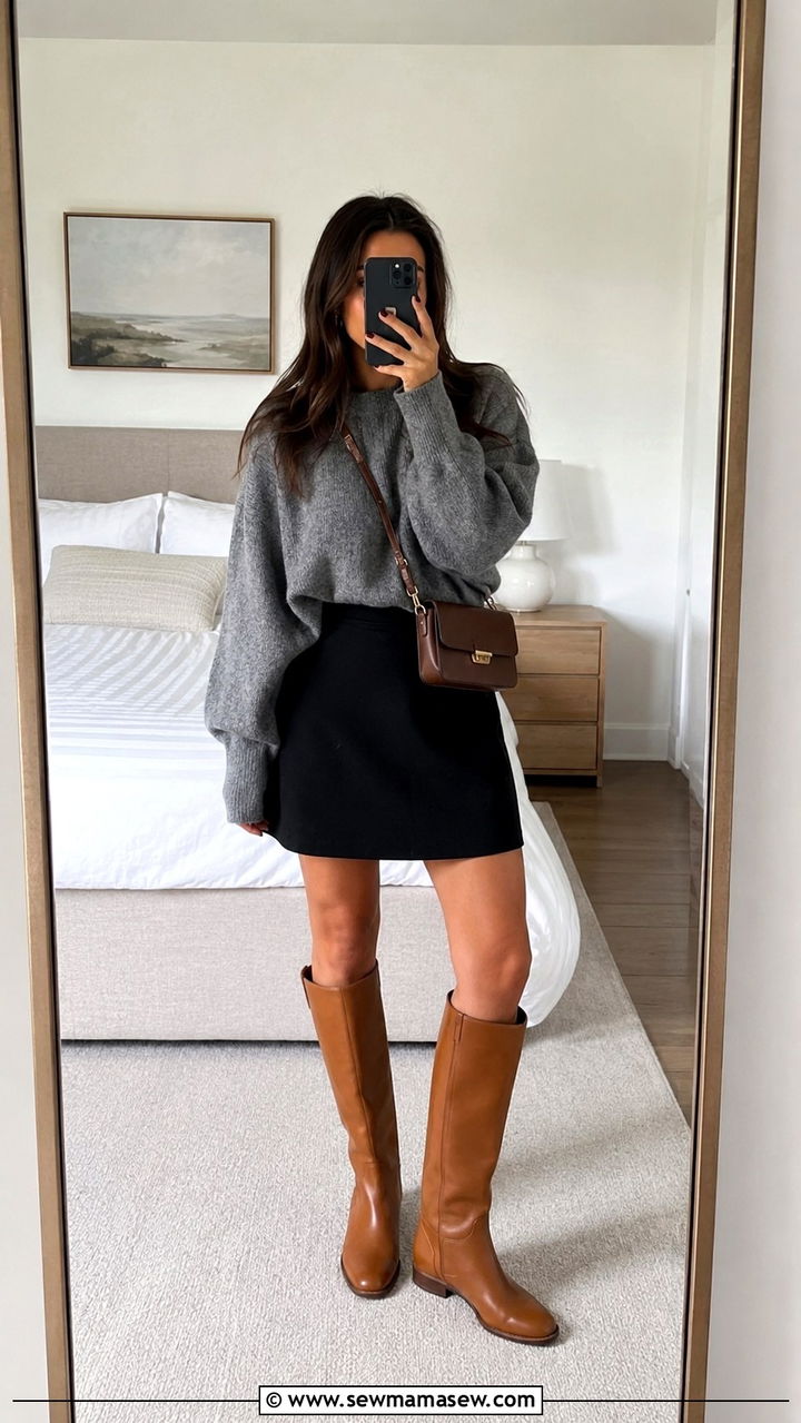 Oversized sweater with a mini skirt and knee high boots - 30 Spring outfits with oversized sweater
