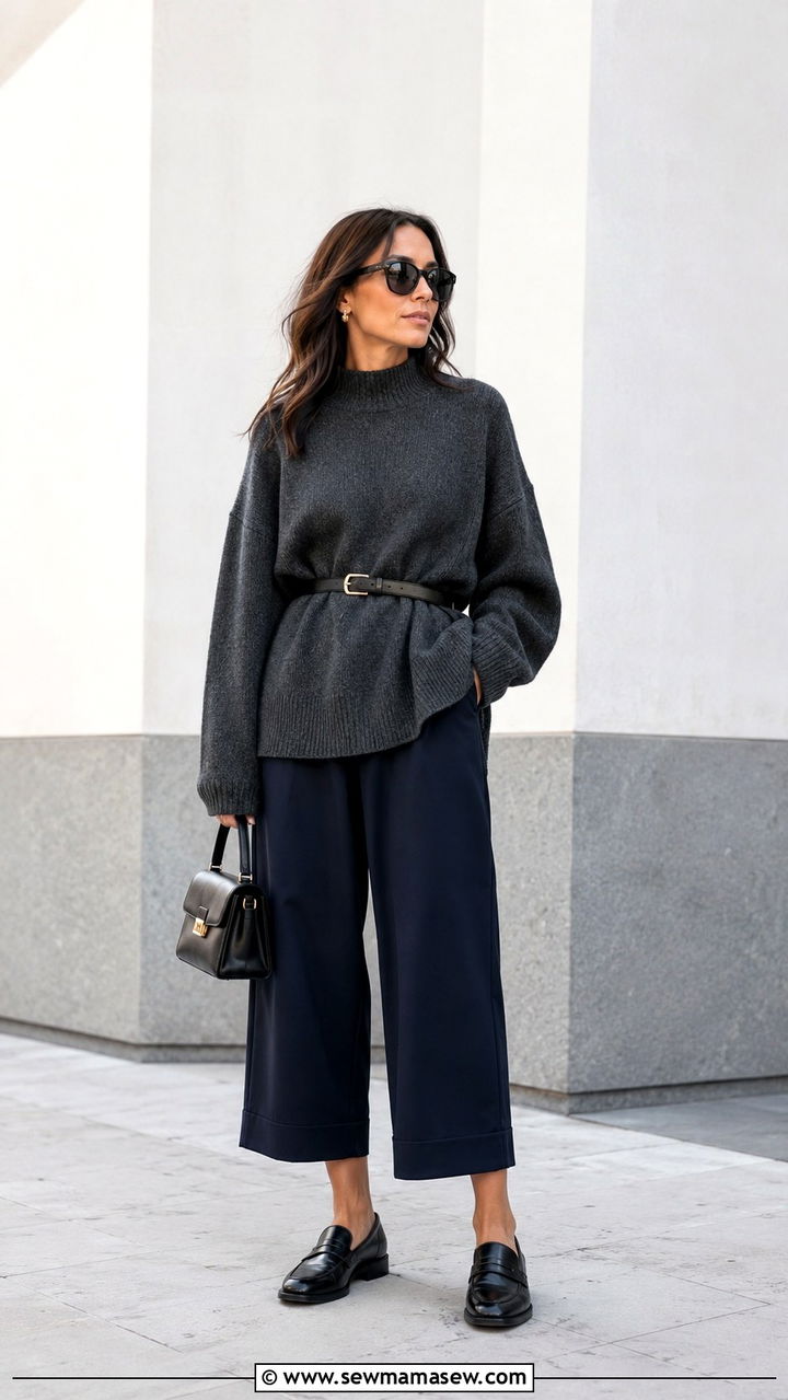 Oversized sweater with a pleated skirt and Mary Jane flats - 30 Spring outfits with oversized sweater