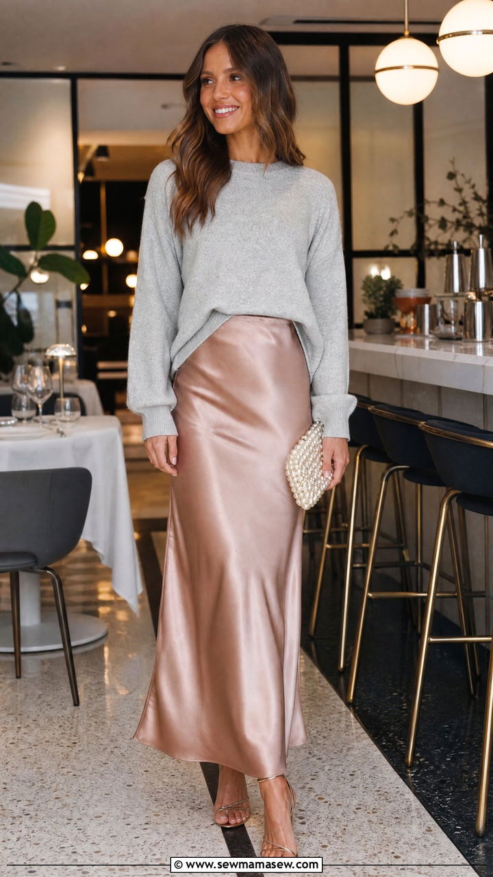 Oversized sweater with a satin slip skirt outfit - 40 Oversized sweater outfit ideas