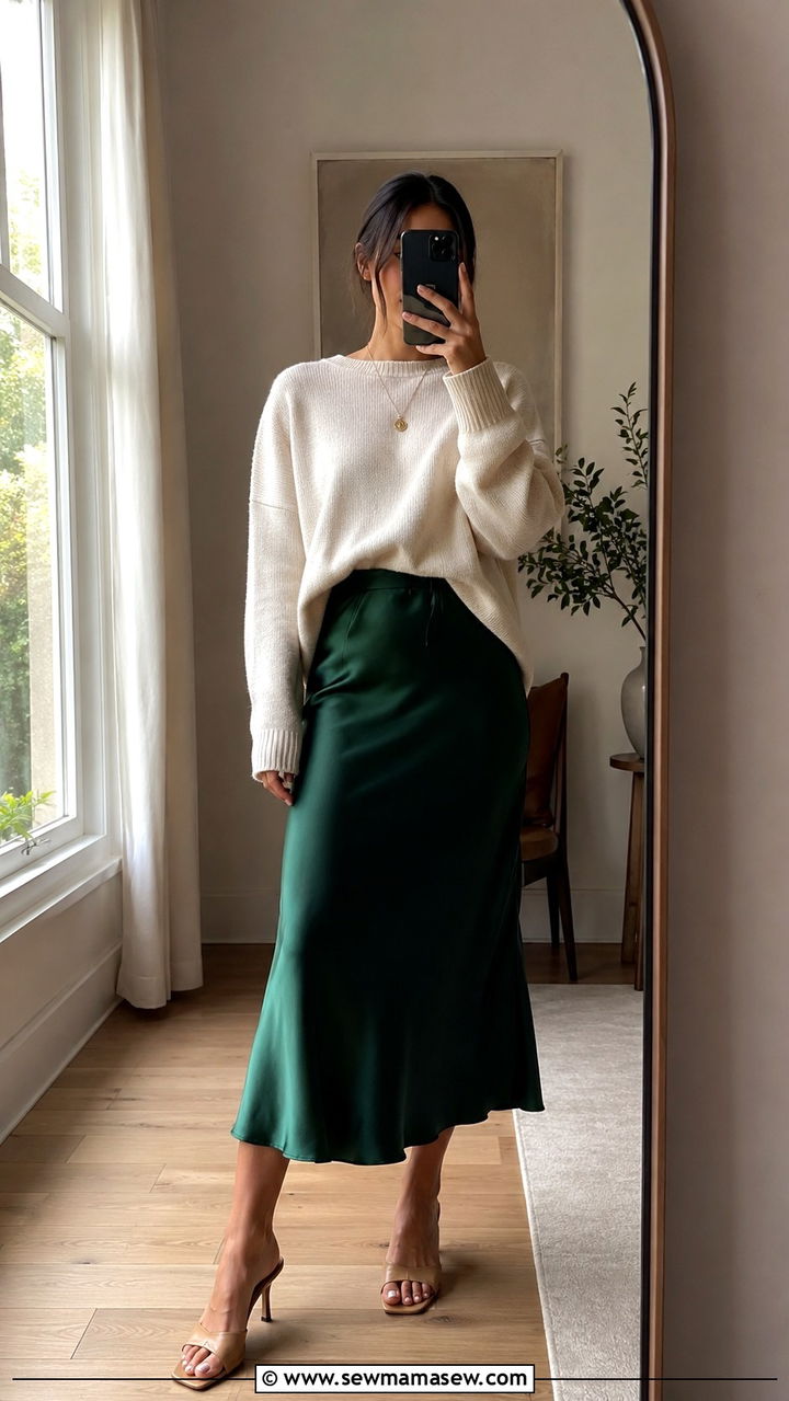 Oversized sweater with a satin slip skirt - 30 Sweater outfit ideas petite