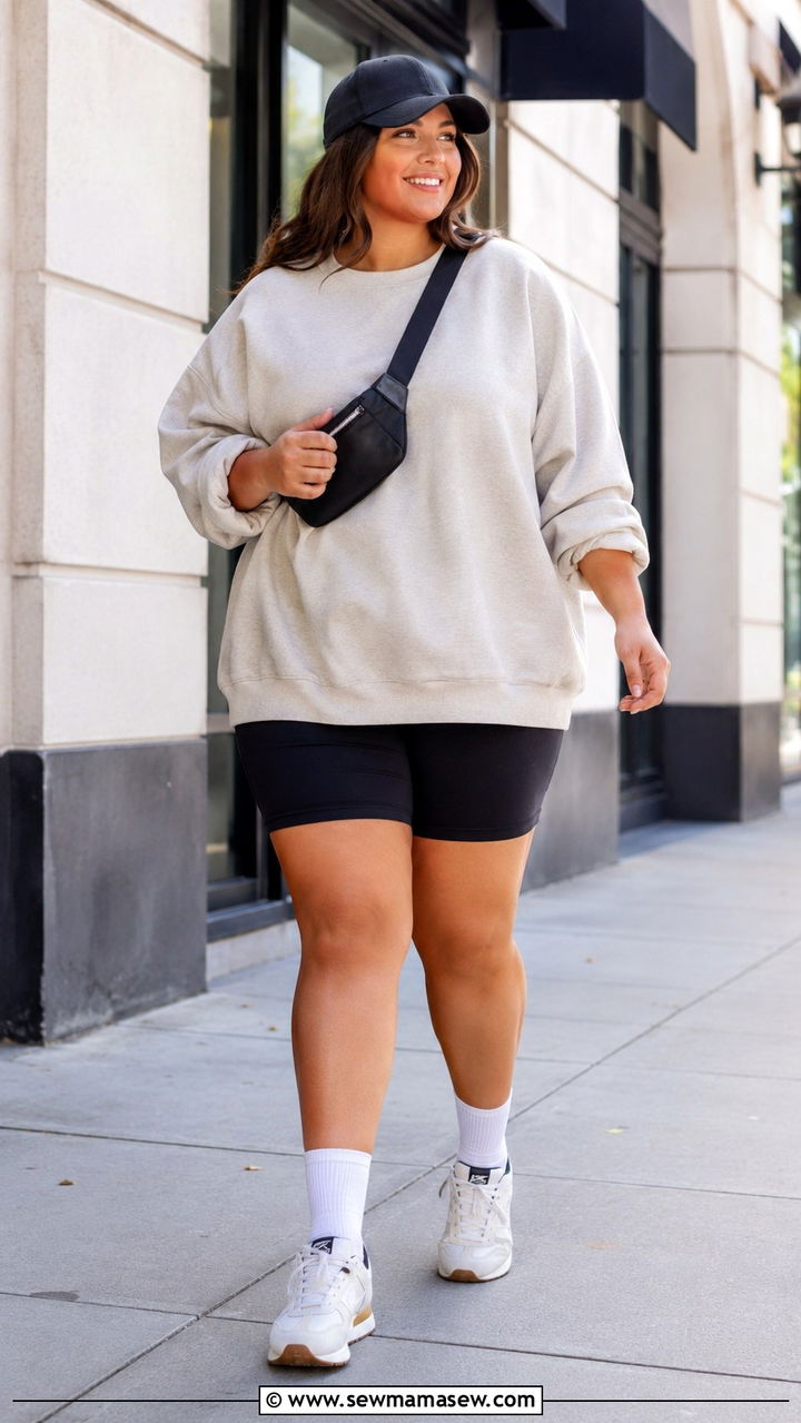 Oversized sweater with biker shorts outfit - 30 Sweater outfit ideas plus size