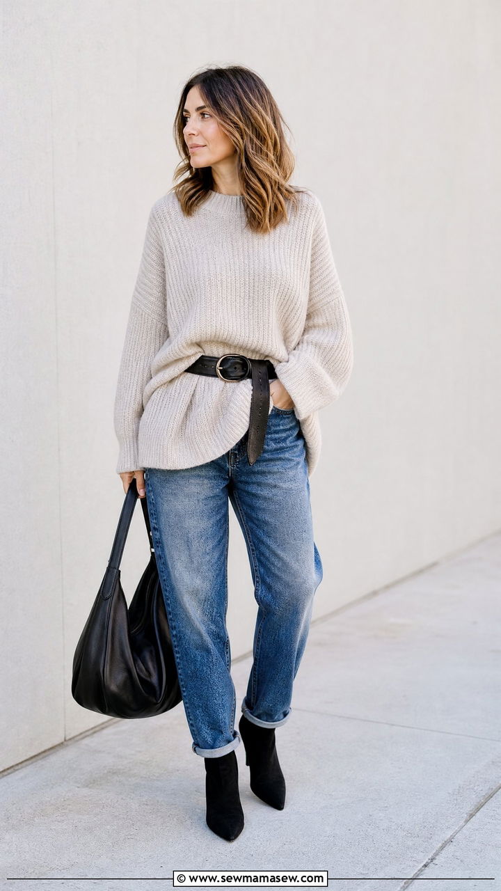 Oversized sweater with boyfriend jeans belt and ankle boots - 25 Boyfriend jeans outfit ideas with a sweater