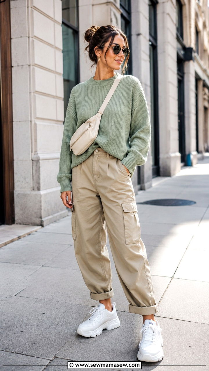 Oversized sweater with cargo pants and chunky sneakers - 30 Spring outfits with oversized sweater