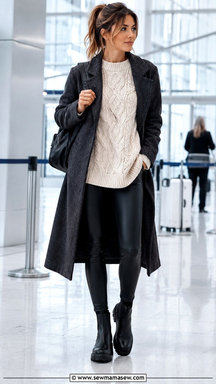 Oversized sweater with faux leather leggings - 30 casual airport outfits