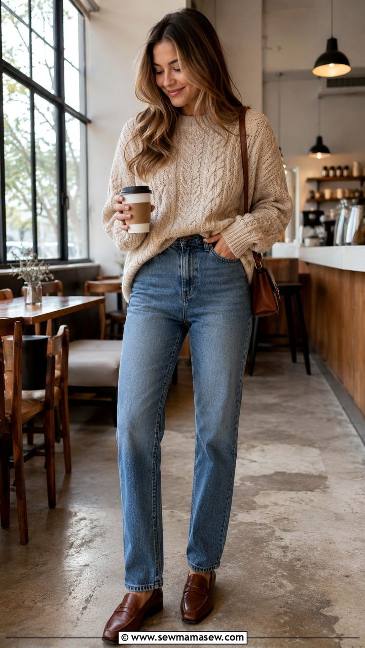 Oversized sweater with high waisted straight leg jeans and loafers - 30 High waisted jeans outfit ideas with loafers