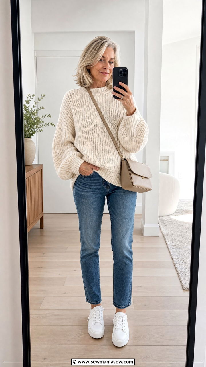 Oversized sweater with jeans and sneakers outfit - 35 Jeans and sneakers outfit ideas over 50