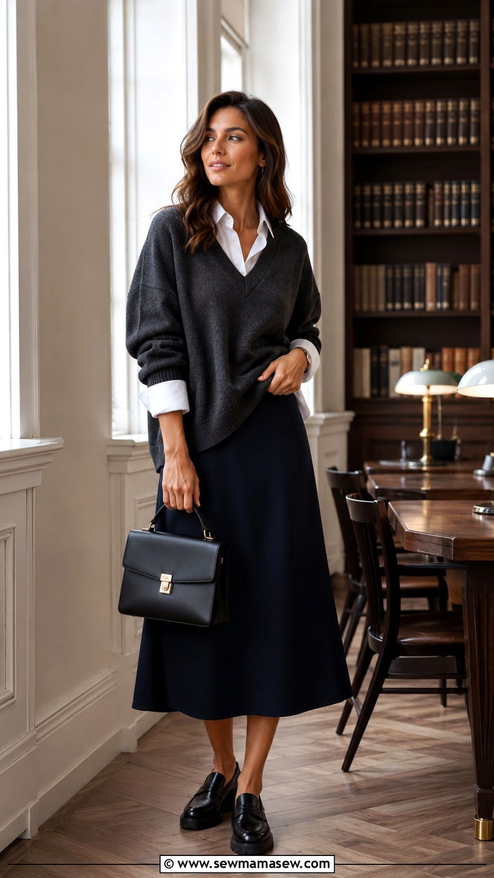 Oversized sweater with midi skirt and loafers - 30 Midi skirt outfit ideas with a sweater