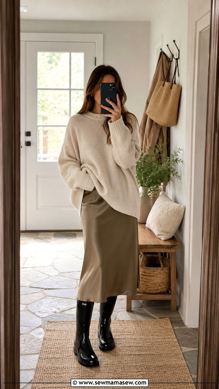 Oversized sweater with midi skirt and rain boots - 30 Rainy day weekend outfit ideas