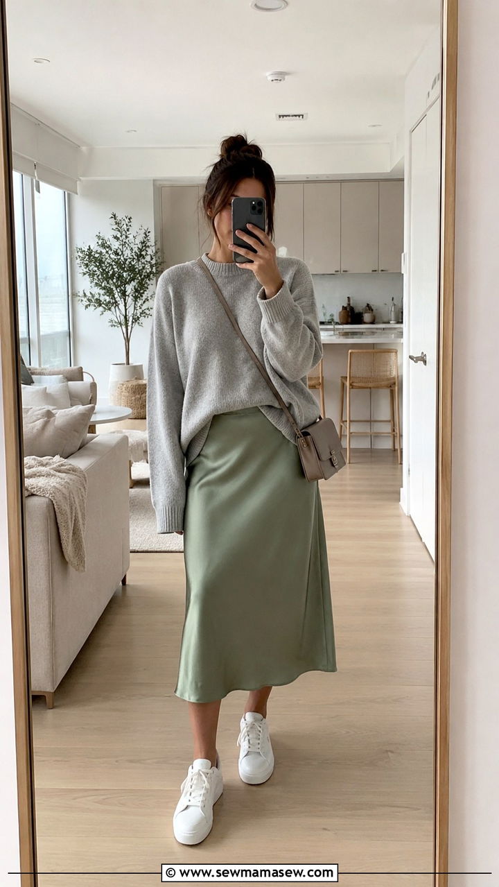 Oversized sweater with midi skirt and sneakers - 30 Spring outfits with sweaters
