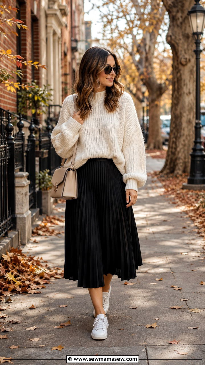 Oversized sweater with pleated midi skirt and sneakers - 30 Midi skirt outfit ideas with sneakers