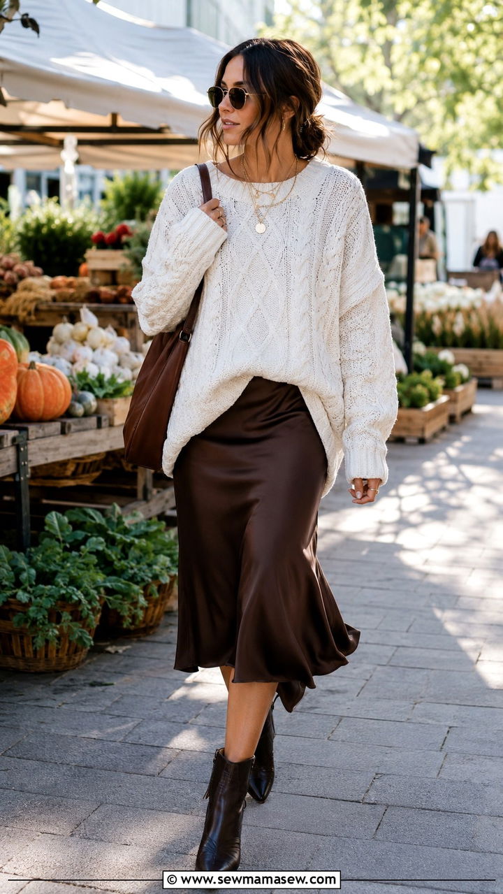 Oversized sweater with slip skirt and western boots outfit - 30 In between season outfit ideas