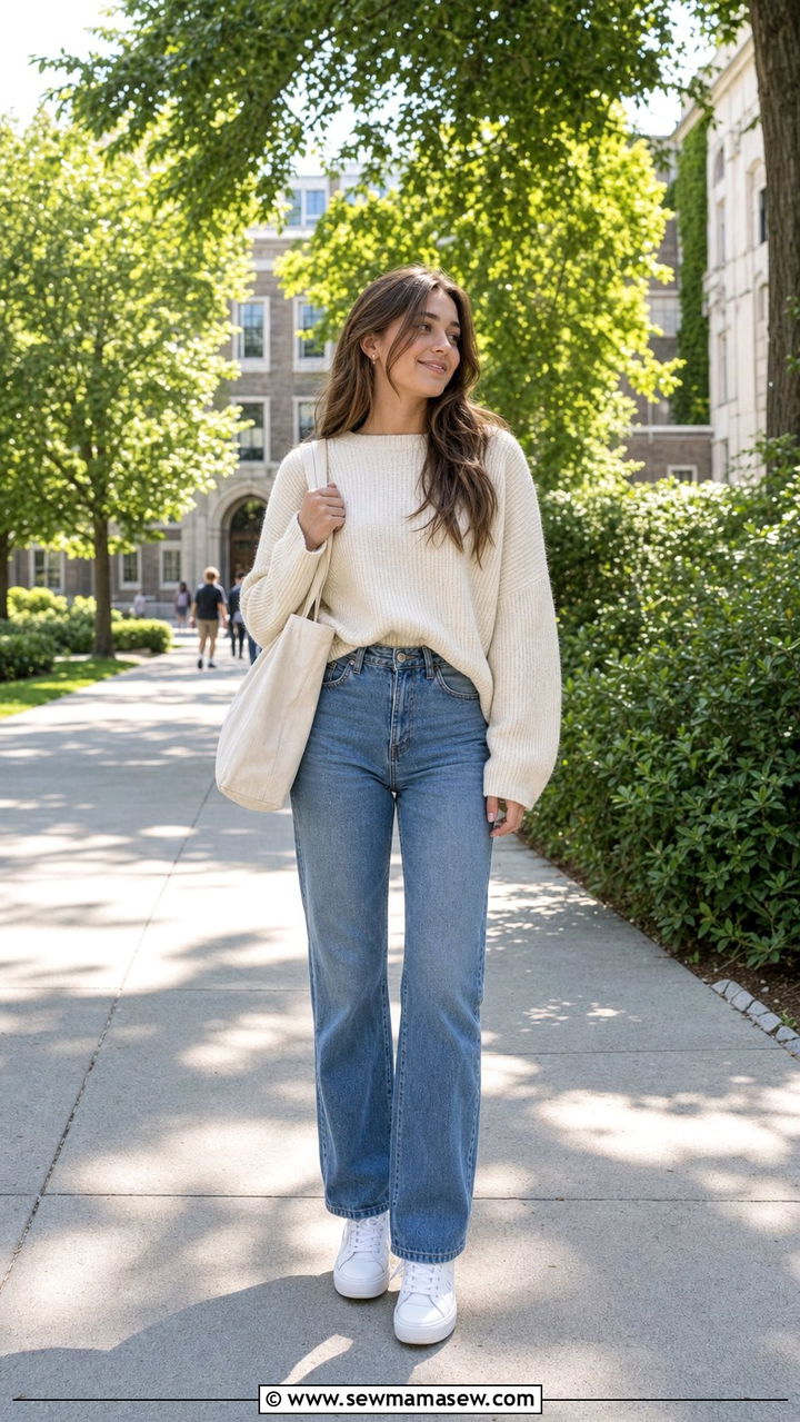 Oversized sweater with straight leg jeans outfit - 25 Clean girl outfits for college