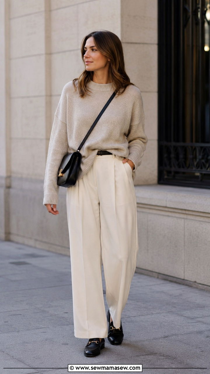 Oversized sweater with wide leg trousers and loafers - 30 Spring outfits with oversized sweater