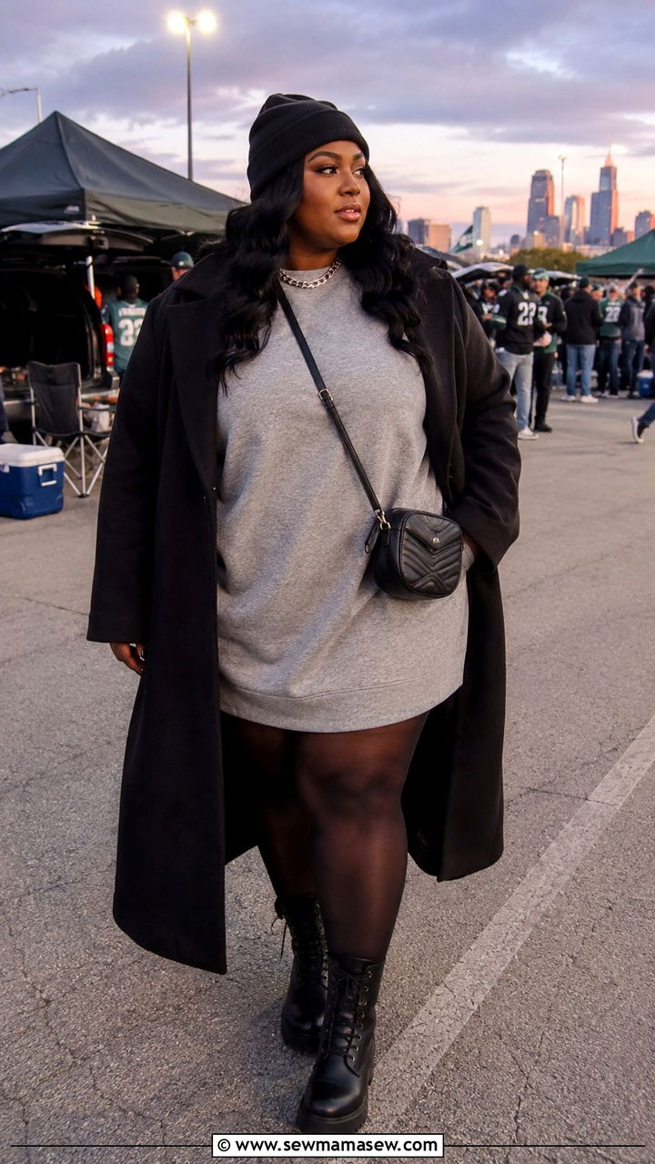 Oversized sweatshirt dress with combat boots outfit - 30 Plus size tailgate outfit ideas