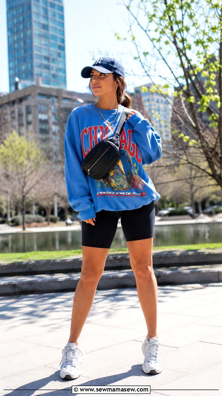 Oversized sweatshirt with biker shorts - 30 Spring outfits with sweatshirt