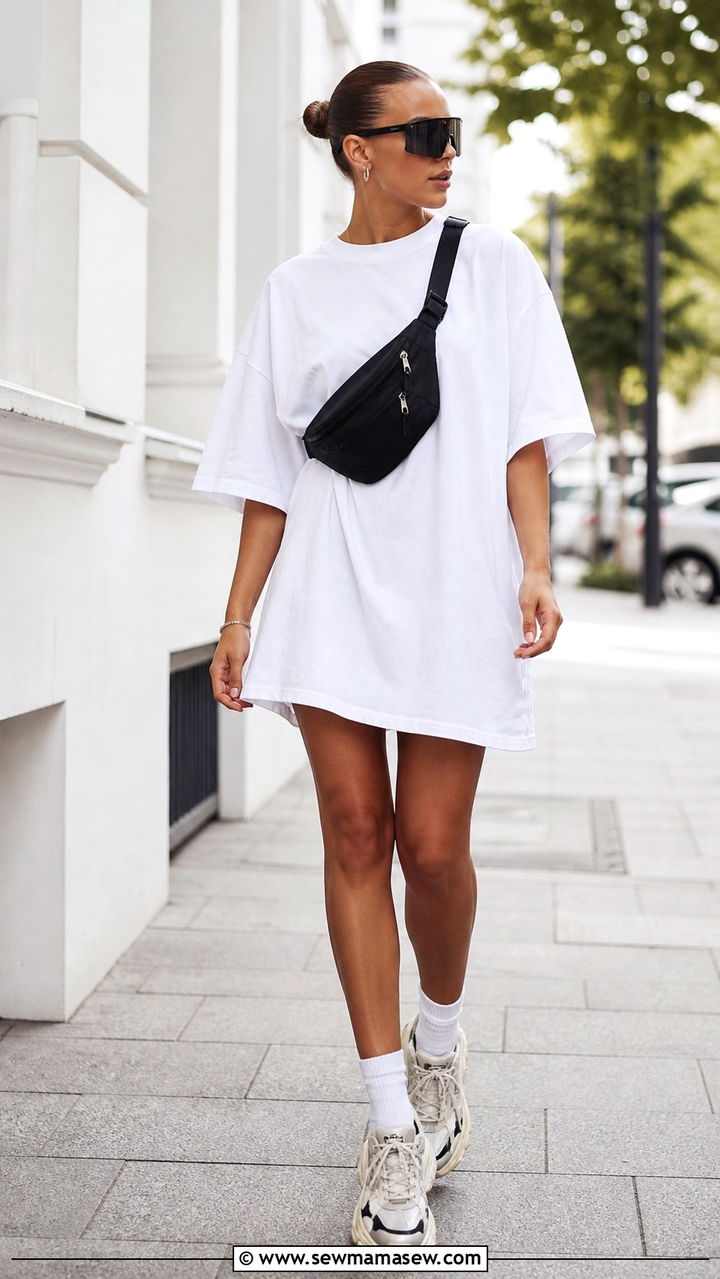 Oversized t shirt dress with chunky sneakers - 40 Summer outfits with dresses