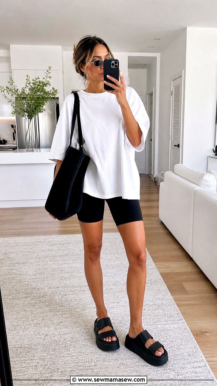Oversized t shirt with biker shorts and slides - 20 casual basic t-shirt outfits