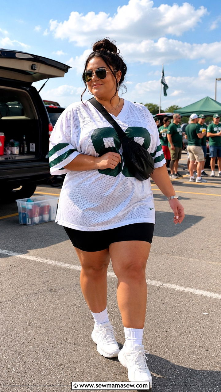 Oversized team jersey and bike shorts outfit - 30 Plus size tailgate outfit ideas