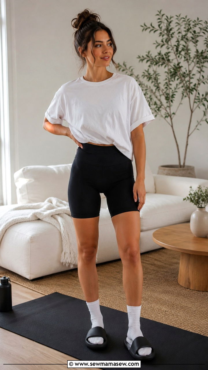 Oversized tee and biker shorts Pilates outfit - 25 Pilates outfit ideas for beginners
