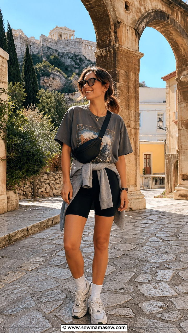 Oversized tee and biker shorts backpacking outfit - 20 Backpacking outfit ideas
