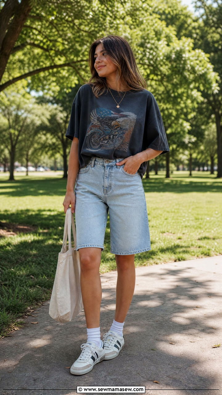 Oversized tee and denim shorts outfit - 40 school outfits ideas