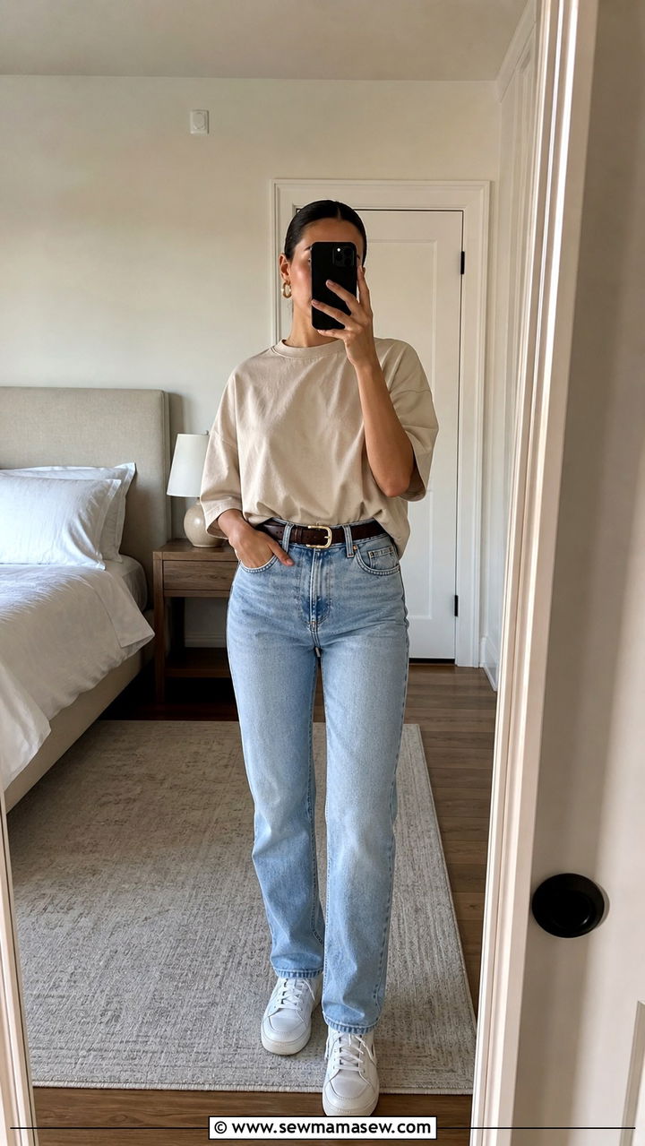 Oversized tee front tucked into high waisted straight leg jeans - 40 Oversized t-shirt outfit ideas