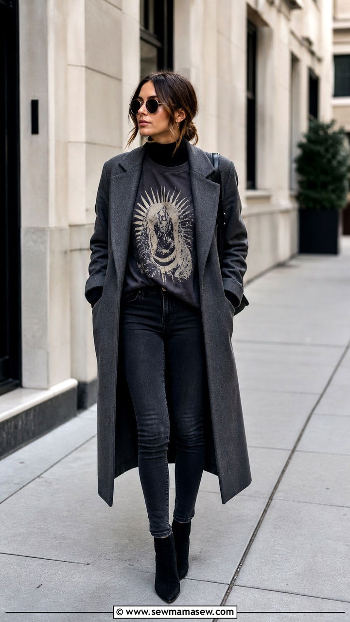 Oversized tee layered over a turtleneck with skinny jeans - 40 Oversized t-shirt outfit ideas