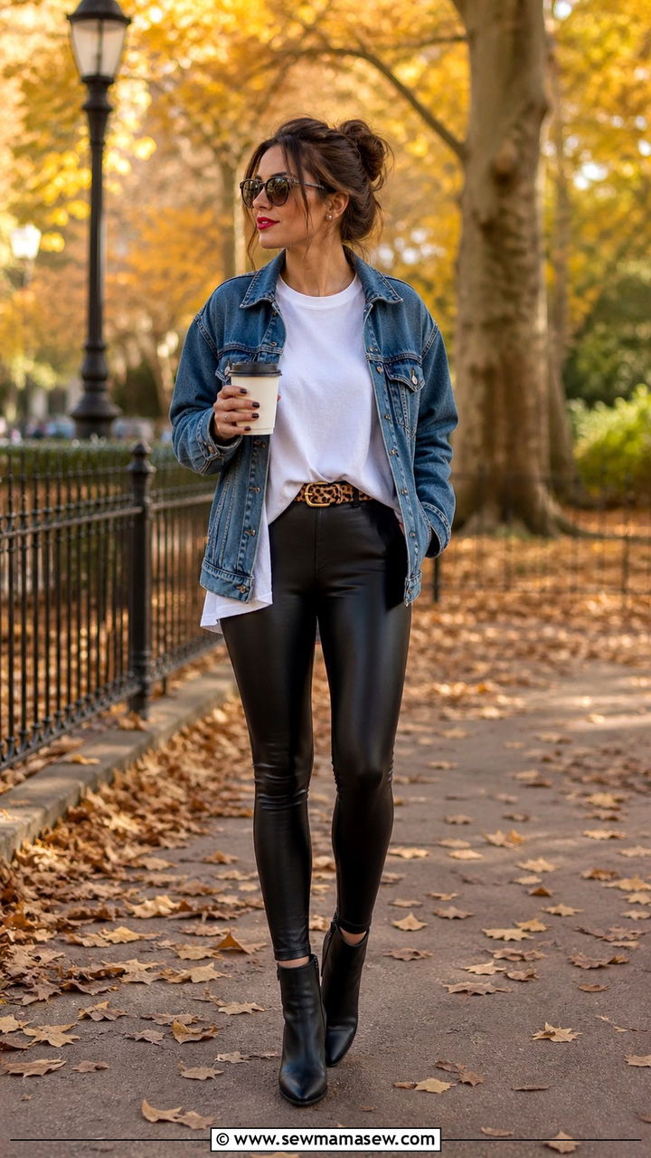 Oversized tee layered under a denim jacket with leggings - 40 Oversized t-shirt outfit ideas