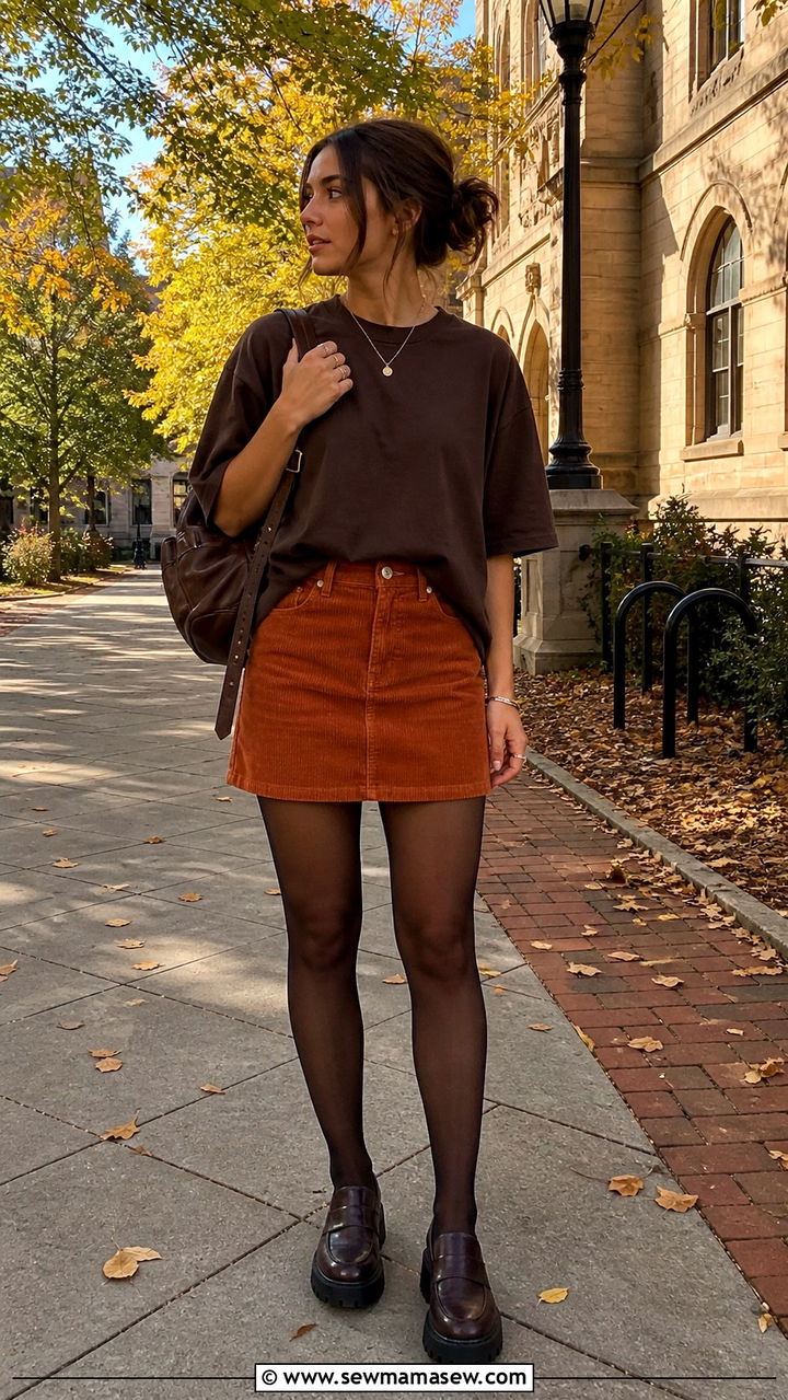 Oversized tee with a corduroy mini skirt and tights - 40 Oversized t-shirt outfit ideas