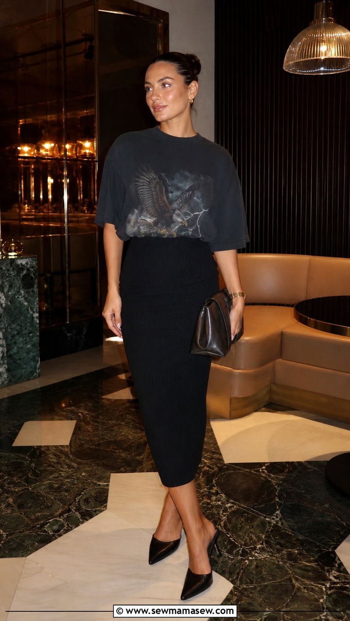 Oversized tee with a pleated mini skirt and ballet flats - 40 Oversized t-shirt outfit ideas