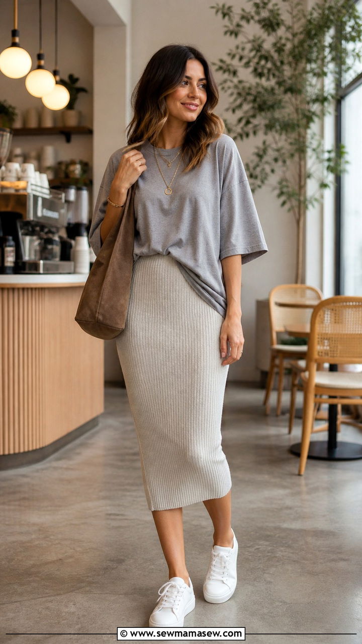 Oversized tee with a ribbed knit pencil skirt and sneakers - 40 Oversized t-shirt outfit ideas