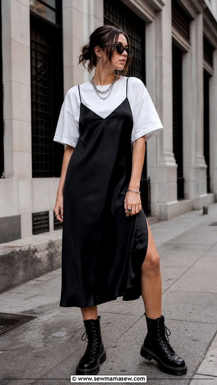 Oversized tee with a slip dress and combat boots - 40 Oversized t-shirt outfit ideas