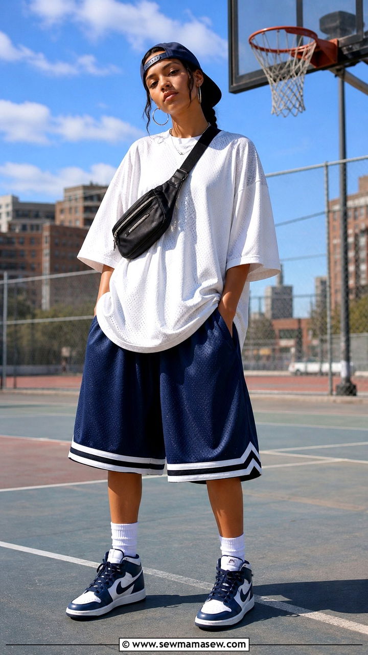 Oversized tee with basketball shorts and high top sneakers - 40 Oversized t-shirt outfit ideas