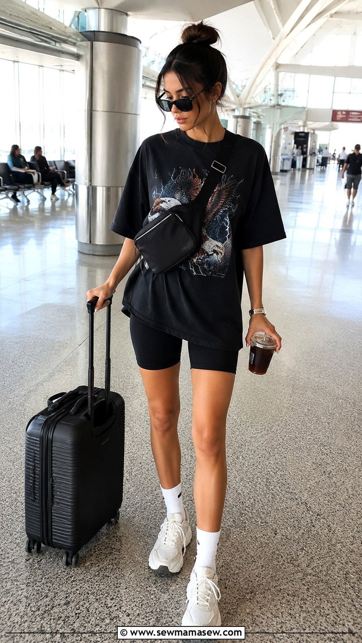 Oversized tee with biker shorts and chunky sneakers for summer airport style - 25 travel outfits inspo