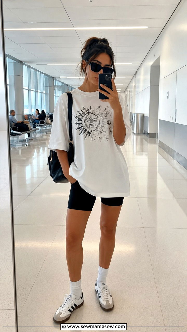 Oversized tee with biker shorts for summer airport - 25 seasonal airport outfit ideas
