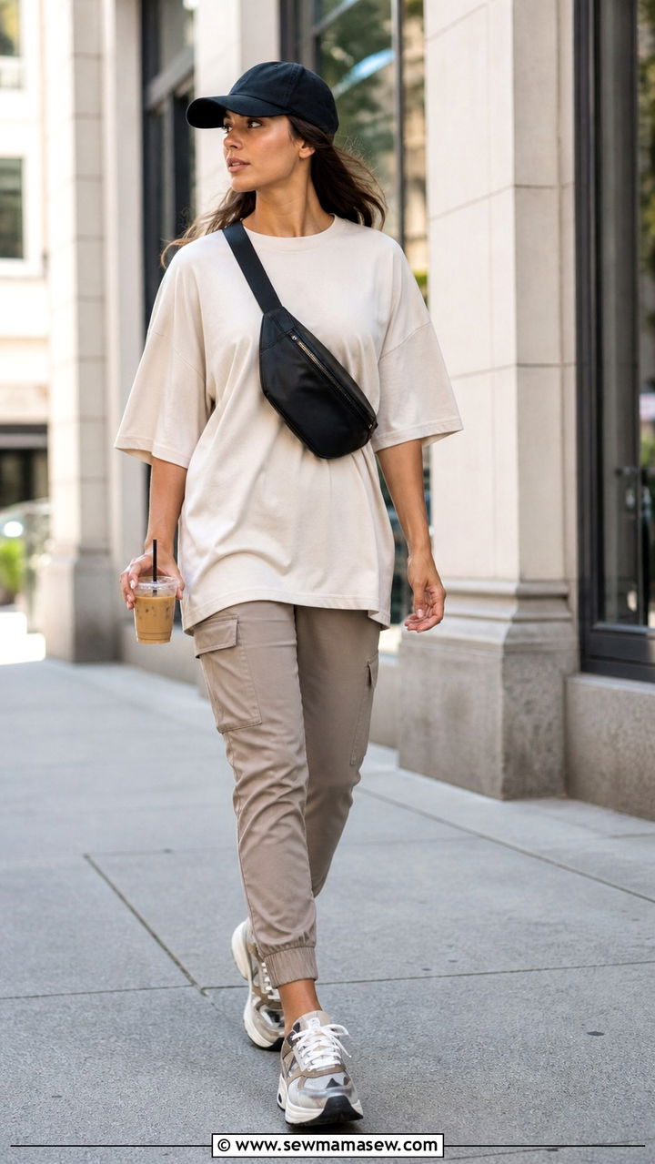 Oversized tee with cargo joggers and a baseball cap - 40 Oversized t-shirt outfit ideas