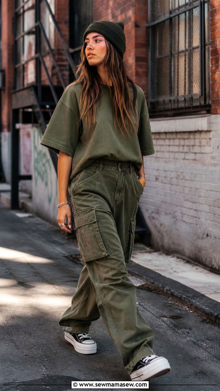 Oversized tee with cargo pants and platform sneakers - 40 Oversized t-shirt outfit ideas