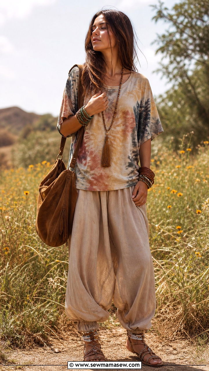 Oversized tee with harem pants and embellished sandals - 40 Oversized t-shirt outfit ideas