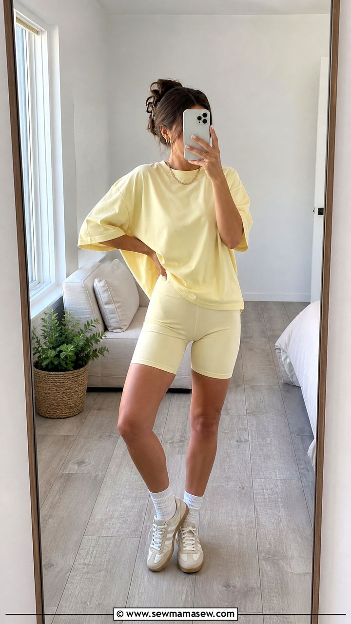 Oversized tee with matching biker shorts and crew socks - 40 Oversized t-shirt outfit ideas