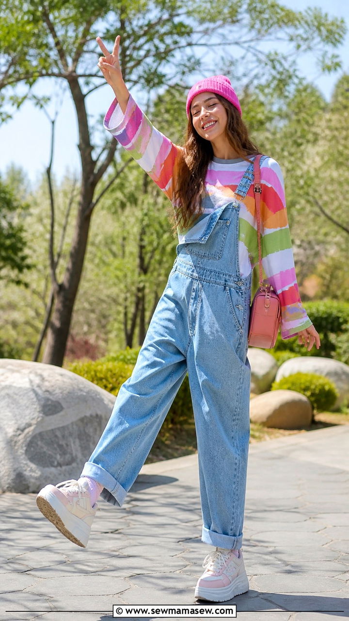 Oversized tee with overalls and platform sneakers - 40 Oversized t-shirt outfit ideas