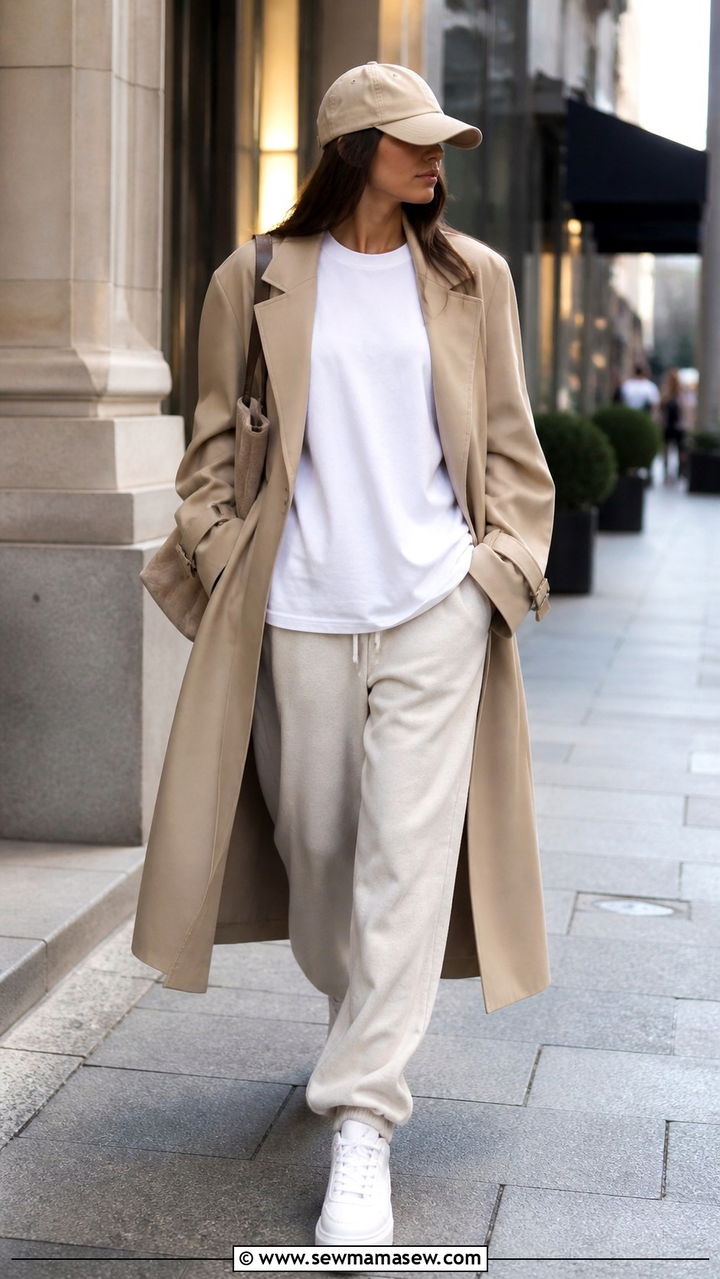Oversized tee with sweatpants and a structured trench coat - 40 Oversized t-shirt outfit ideas