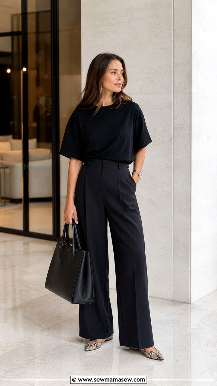 Oversized tee with tailored trousers and pointed flats - 40 Oversized t-shirt outfit ideas